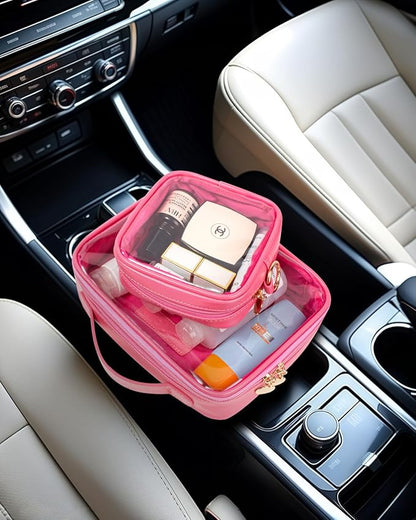 2 Pack Clear Toiletry Bag, Portable Travel Makeup Pouch with Zipper, TSA Approved Organizer, PVC Cosmetic for Airport Airline Compliant(Large+Mini Rose)