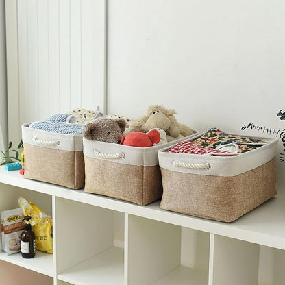 Fabric Storage Baskets - Rectangular Baskets for Organizing Fabric, Shelves & Decorative Use (White & Khaki)