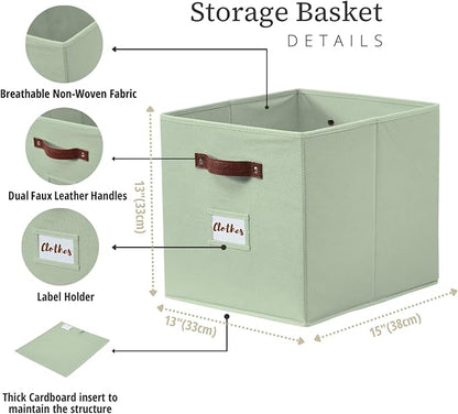 DECOMOMO Storage Baskets, 13x15x13 Storage Cube Bins with Labels for Organizing Shelves Kallax (Kallax / 4pcs, Sage Green)