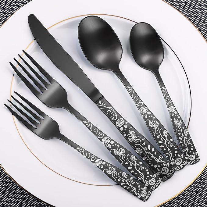 Matte Black Rose Flower Pattern Silverware Set