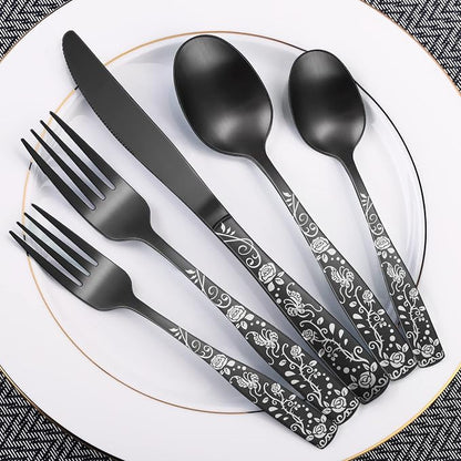Matte Black Rose Flower Pattern Silverware Set