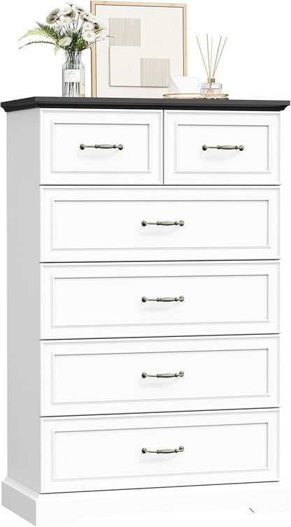 6 Drawer Dresser for Bedroom, 49" Tall Wooden Chest of Drawers, Rustic Farmhouse Dresser with Large Drawers & Metal Handles, Modern Storage Organizer for Closet, Living Room, Hallway, White