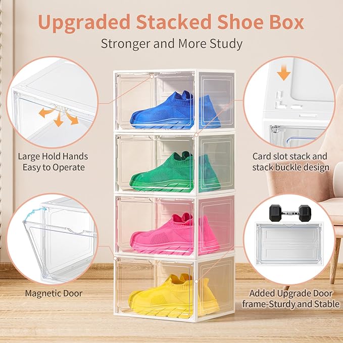 12 Pack White Shoe Boxes Stackable,Large Shoe Storage Organizer with Magnetic Door,Drop Side Shoe Containers for Entryway,Sneaker Storage Fit up to US Size 12 for Men/Women(13’’x10.62”x8.26”
