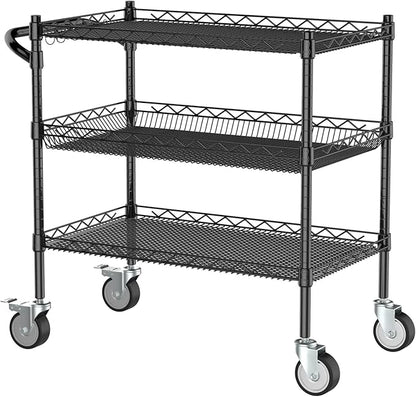 Leteuke 3 Tier Rolling Carts with Wheels,990Lbs Heavy Duty Rolling Utility Cart,NSF Commercial Grade Metal Cart with Handle&Shelf Liner,Trolley Serving Cart for Kitchen,Restaurant,Plant Display,Black
