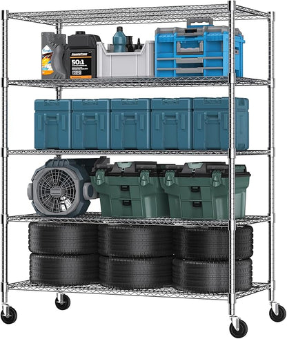 Himimi 5 Tier Wire Shelving with Wheels Heavy Duty Height Adjustable Metal Shelves for Storage, Commercial Grade Steel Utility Wire Rack for Kitchen Garage Pantry Organization-24×48×82, Silver