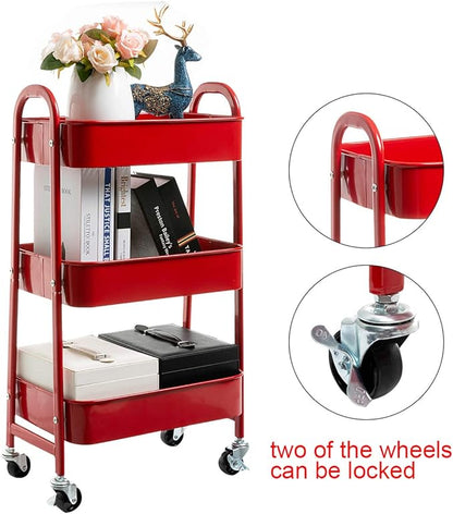 AGTEK Makeup Cart, Movable Rolling Organizer Cart, Red 3 Tier Metal Utility Cart