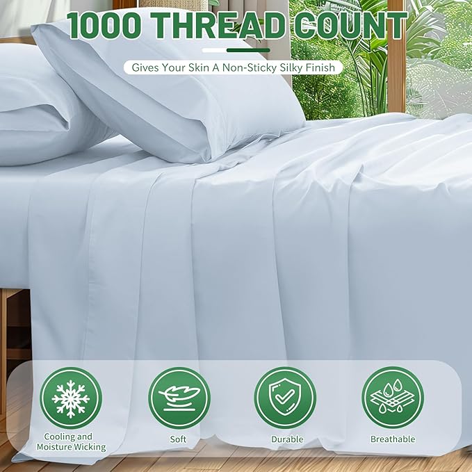 100% Egyptian Cotton Sheets Cal King Sheet Set 1000 Thread Count Sateen Weave Soft Breathable 16-Inch Deep Pocket 4PCS（California King,Light Blue）