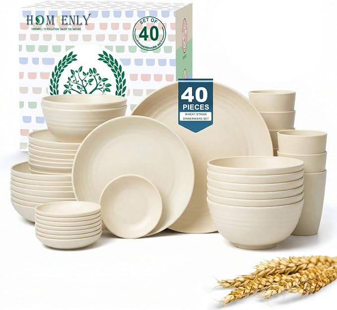 Wheat Straw Dinnerware Sets 40 PCS Plates and Bowls Sets