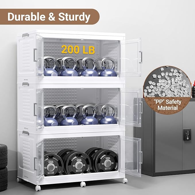 BROVIEW 324 Qt Plastic Storage Bins with Lid, Doors & Wheels, 3Pack Extra Large Stackable Collapsible Storage Bins, Closet Organizers and Storage Drawer, Foldable Cabinets for Home Office, White