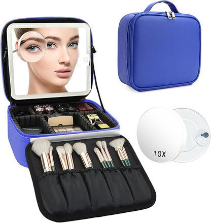 Travel Makeup Bag with LED Mirror and 10x magnifying glass with 3 Lighted Settings, Adjustable Dividers and Makeup Brush Storage Bag Dark Blue