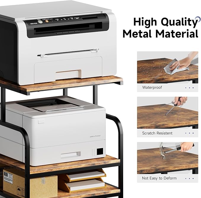 Warmiehomy 24x24 inches Printer Stand with Adjustable Storage Shelf - Large Printer Table with Wheels - 3 Tier Rolling Cart - Use for 3D Laser Printer Mini Fridge Home Office (Brown)