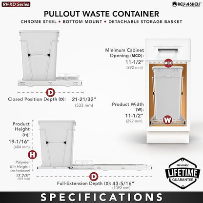 Rev-A-Shelf Pullout Trash Can for Kitchen Cabinets 35 Quart Garbage Waste Recycling Bin with Full Extension Slides, White, RV-12KD-11C