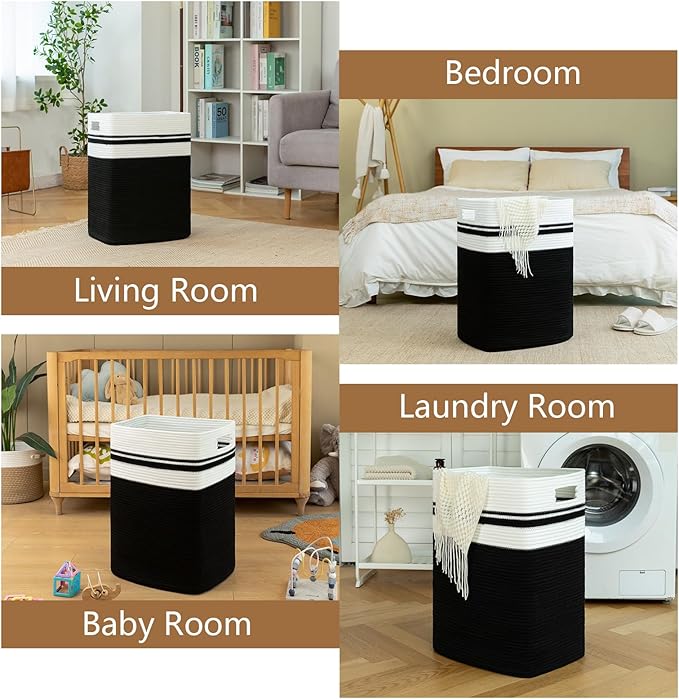OIAHOMY Laundry Hamper-Laundry Basket,Tall Cotton Storage Basket with Handles,Decorative Blanket Basket for Living room,Collapsible Large Basket for Toys,Pillows,Clothes Organizer-16x13x22in-Black