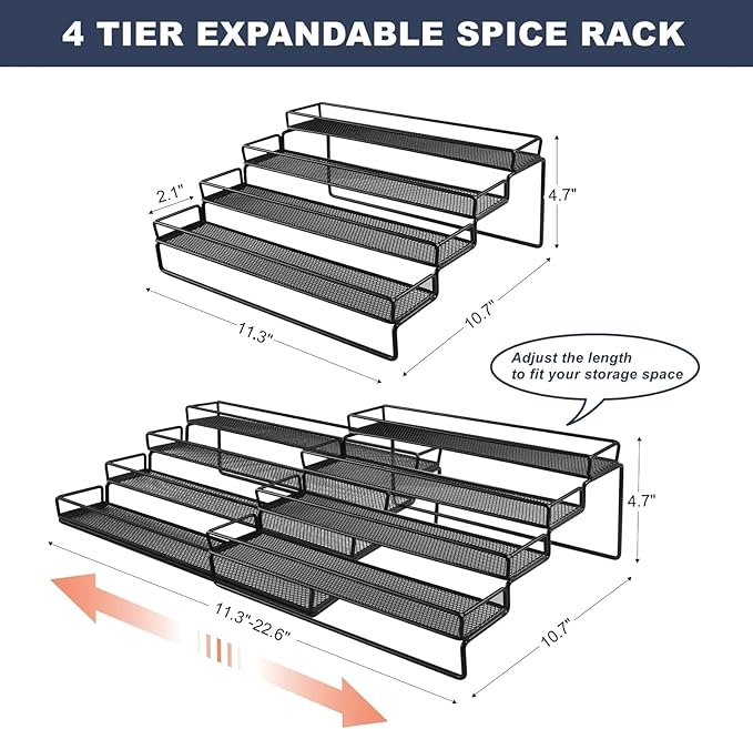 Spice Rack Organizer for Cabinet, 4 Tier Seasoning Organizer, Expandable Shelf,Step Storage Holder, Kitchen Cabinet Countertop,with Protection Railing, Metal (Black,4 Tier,2Pack)
