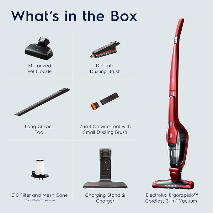 Electrolux Ergorapido Pet Cordless 2-in-1 Vacuum Cleaner with Motorized Pet Nozzle for Easy Pet Hair Removal, 48-Minute Run Time, 2 Power Modes, Chili Red