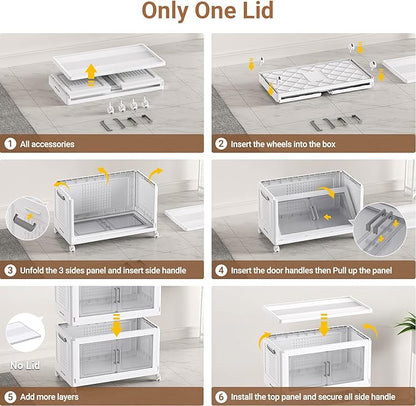 BROVIEW 324 Qt Plastic Storage Bins with Lid, Doors & Wheels, 3Pack Extra Large Stackable Collapsible Storage Bins, Closet Organizers and Storage Drawer, Foldable Cabinets for Home Office, White