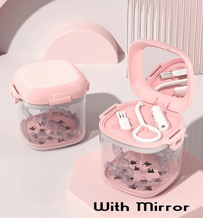 MURRI&MURRDI Retainer Case, Denture Bath Box with Strainer Basket, Mouth Guard Case, Braces Cleaner Cup, Cute Denture Holder Storage Soak Container for Travel Cleaning (A Pink)