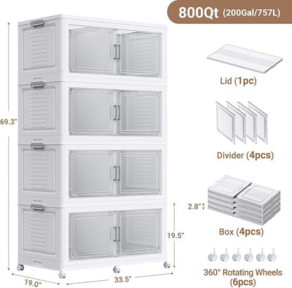 BROVIEW 69.3"H 200Gal Plastic Storage Bins with Lid & Wheels,4Pack Extra Large Stackable Storage Bins with Dividers,Closet Organizers and Storage Cabinet Collapsible Box Shelves for Home Kitchen,White