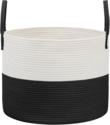 Woven Blanket Basket,115L Large Rope Storage Bin with Handles, Organizer for Blankets Toys Book and Clothes, Laundry Basket for Living Room Bedroom Nursery,White&Black