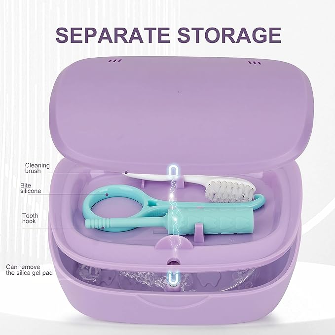 MURRI&MURRDI Retainer Case, Denture Bath Box with Strainer Basket, Mouth Guard Case, Braces Cleaner Cup, Cute Denture Holder Nightguard Storage Soak Container for Travel Cleaning (C Purple)
