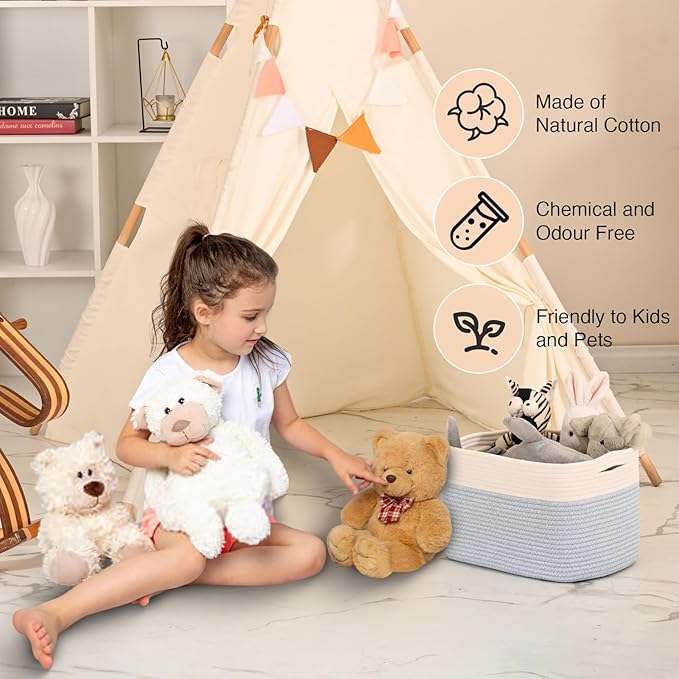 Woven Cotton Rope Storage Basket for Organizing, Cute Decorative Baskets for Gifts Empty, Organizer Bins for Dog Toy, Baby Laundry, 15“×11”×9.5“, Off White & Blue