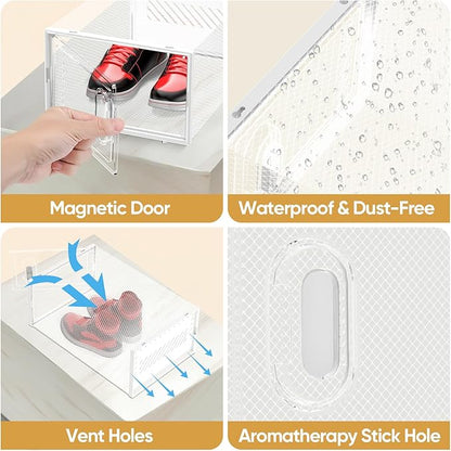 BALEINE 3 Pack Stackable Shoe Storage Boxes Fit Size 9, Thickened Clear Shoe Box Bins with Lids, Plastic Foldable Shoe Rack Organizer Sneaker Storage Containers (Large, White)