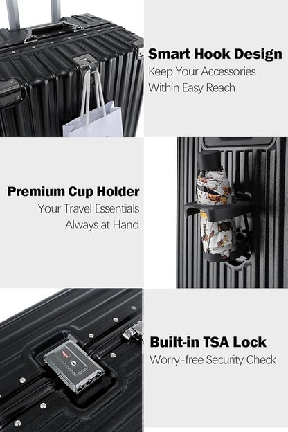 HotWay 24 Inch Aluminum Frame Luggage with Spinner Wheels, PC Hard Shell Suitcase with Cup Holder, Zipperless Luggage for Business Travel, Black
