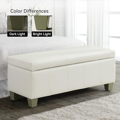 41" Faux Leather Storage Ottoman, Stitch Tufted Rectangle Upholstered End of Bed Storage Bench, Entryway Large Couch Ottoman with Wooden Legs,White