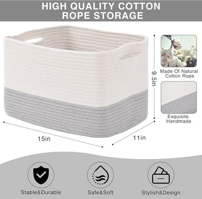 Storage Baskets for Organizing Shelves, Woven Cotton Rope Bins for Baby Nursery Organization, Book Toy Towel Organizer, 15"x11"x9.5", 3 Packs, Off White & Grey