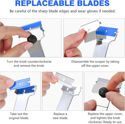 Razor Blade Scraper Tool with 10 Pcs Extra Replacement Metal and 10 Pcs Plastic Razor Blades, Long Handle Scraper Tool for Cleaning Cooktop, Paint, Tile, Window Glass Scraper