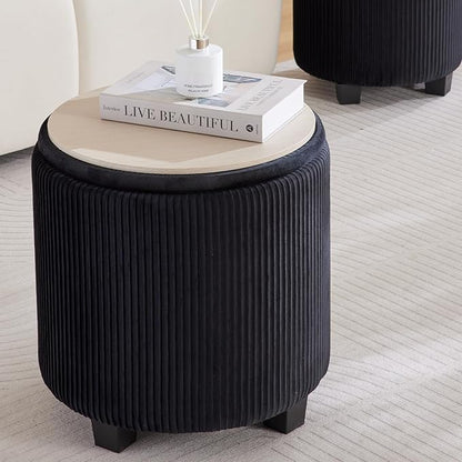 Big Round Ottoman with Storage Set of 2,Upholstered Velvet Vanity Stool for Makeup Multifunctional Foot Rest Coffee Table Padded Seat Tufted Ottomans for Living Room&Bedroom (Black)