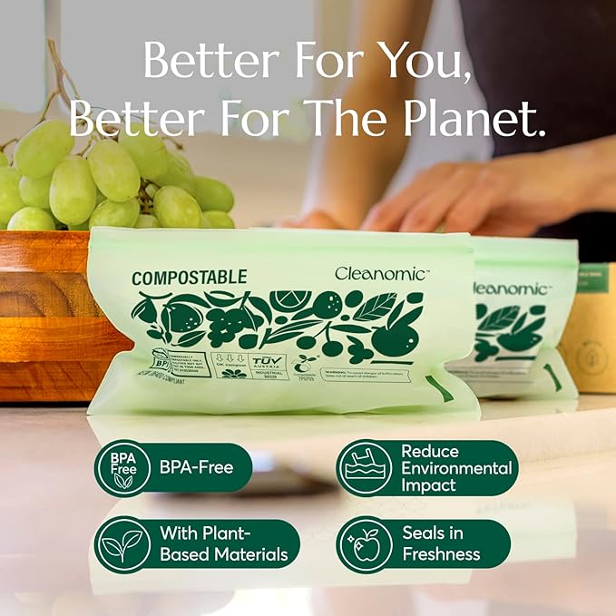Cleanomic Compostable* Snack Size Food Storage Bags (50 Eco Zip) Freezer and Leak Proof, Also Available Gallon, Quart and Sandwich Size Bags