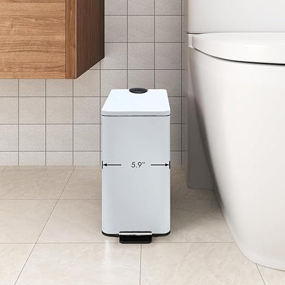 Stainless Steel Small Trash Can with Lid & Step Pedal - 6 Liters/1.6 Gallon Soft Close Garbage Can with Removeable Inner Bucket - Trash Cans for Bathroom, Bedroom, Kitchen & Office (White)