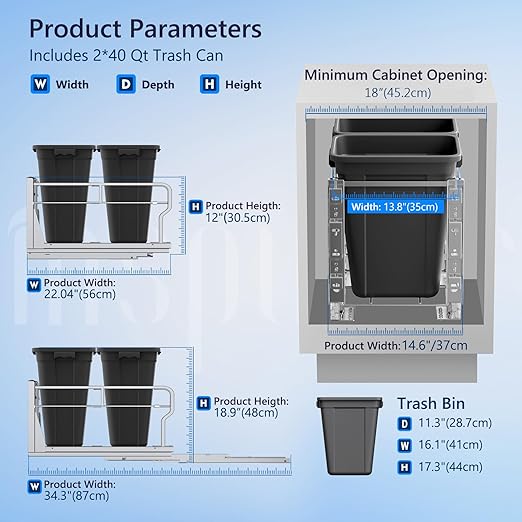 Insputer Double 40QT Pull Out Trash Can Under Cabinet, Heavy Duty Under Sink Garbage Bin Kit with Soft-Close Slides for Kitchen, Laundry, Requires Minimum Cabinets Opening 18" W X 24" D