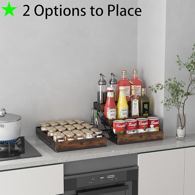 3 Tier Foldable Spice Rack Organizer for Countertop, Step Shelf with Spice Jars for Kitchen Cabinet Drawers Seasoning Rustic Wooden Spice Holder for Home, Cupboard or Door - 2PCS