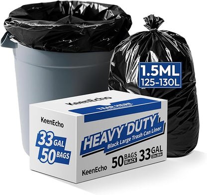 Heavy Duty Contractor Trash Bags 30-33 Gallon 50 Count, 1.5 Mil Extra Thick, Strong Black Garbage Bags, Leakproof Star Seal for Construction, Yard, Demolition Debris