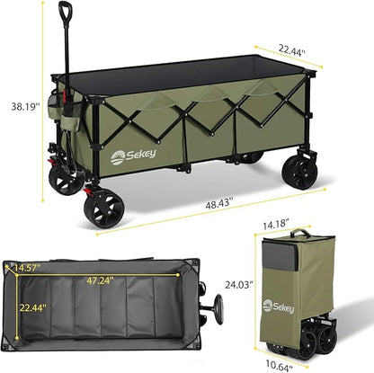 Sekey 48''L Collapsible Foldable Extended Wagon with 440lbs Weight Capacity, Heavy Duty 300L Folding Utility Garden Cart with Big All-Terrain Beach Wheels & Drink Holders. Khaki