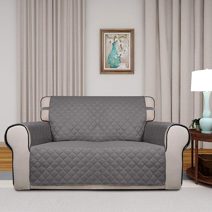 PureFit Reversible Quilted Sofa Cover, Water Resistant Medium Slipcover Furniture Protector, Washable Couch Cover with Non Slip Foam and Elastic Straps for Kids, Dogs, Pets (Loveseat, Gray/Light Gray)