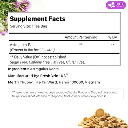 FreshDrinkUS, Premium 75 Astragalus Root Tea Bags, 100% Natural & Pure from Astragalus Root Herbal Tea. Made with Natural Material Tea Bags. No Sugar, No Caffeine, No Gluten, Vegan.