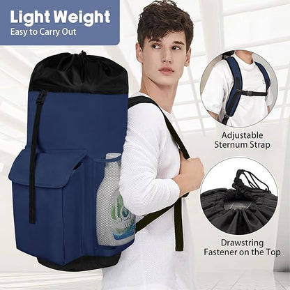 Laundry Backpack Bag, 132L Extra Large Heavy Duty Laundry Backpack for College Dorm Essentials, Laundry Hamper Travel Bag with Shoulder Straps and Mesh Wash Bags for Laundromat, Apartment Blue