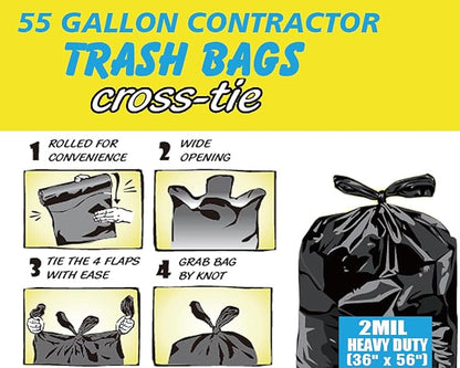 Contractor Heavy Duty Trash Bags 55 Gallon | 52 Count | 2 MIL | 36" X 56" | Large Black Flap Tie Construction Garbage Bags for Business Home Commercial, Industrial, Storage, Outdoor