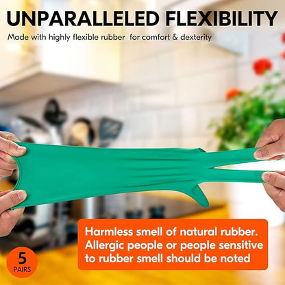 Vgo... 5-Pairs Reusable Household Gloves, Rubber Dishwashing gloves, Extra Thickness, Long Sleeves, Kitchen Cleaning, Working, Painting, Gardening, Pet Care (Size XL, Green, HH4601)