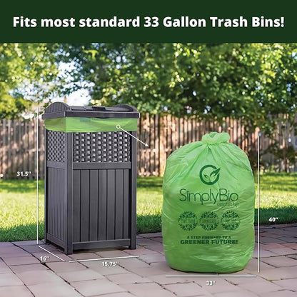 Simply Bio 30-33 Gallon Compostable Trash Bags Liners Flat-Top, Heavy Duty Extra Thick 1.57 Mil, 124.92 Liter, 30 Bags, Lawn, Yard, and Restaurant Use, ASTM D6400, US BPI, OK Compost Home Certified