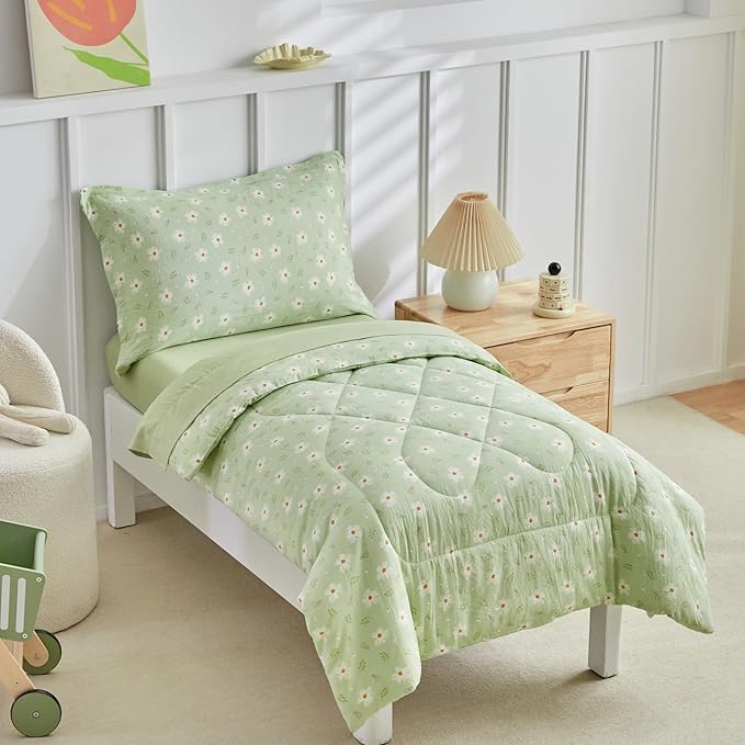 DuShow Green Floral Toddler Bedding Set,4 Pieces Toddler Crib Bed Sheet Set for Girls and Boys,Soft Toddler Comforter Set Includes Comforter,Flat Sheet,Fitted Sheet,Pillowcase