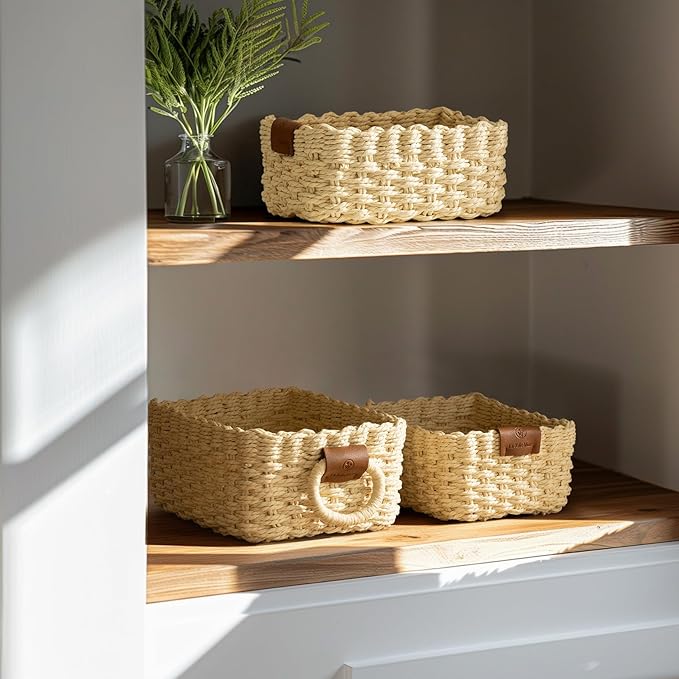 LA JOLIE MUSE Small Beige Wicker Baskets for Organizing, Recycled Paper Rope Storage Basket Container Bins for Shelves Bathroom Cupboards Drawer, Decorative Square Basket Organizer Set of 3