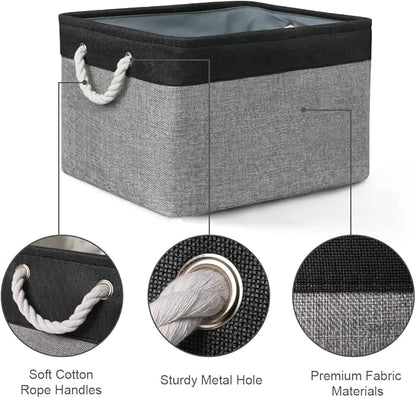 Organization and Storage Bins for Shelves - 17X15X12 inch 2 Pack Foldable Baskets for Organizing, Fabric Storage Cubes with Rope, Storage Box for Decorative Cloth (Black & Grey)