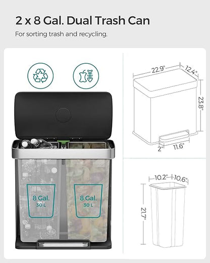 SONGMICS Kitchen Trash Can, 16 Gallon (2 x 8 Gallon) Dual Compartment Garbage Can, 60L Pedal Recycling Bin, Stays Open and Soft Close, Stainless Steel, 15 Bags Included, Ink Black ULTB202B01