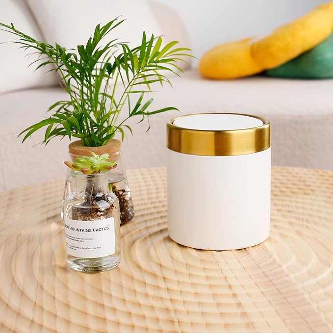 Mini Trash Can with Lid, Metal Small Tiny Mini Trash Bin Can, Mini Countertop Trash Cans for Desk Car Office Kitchen, Swing Top Trash Bin 1.5 L/0.40 Gal (White)
