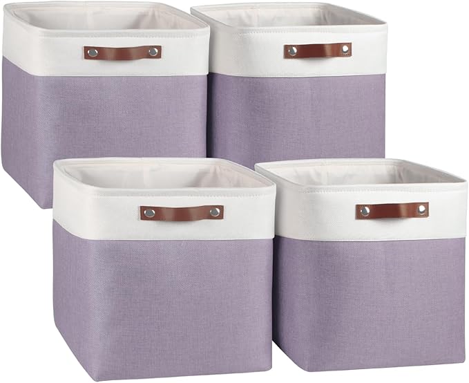 Univivi 13 x 13 x13 Cube Storage Baskets Storage Bins with Hard Bottom|PU Handles for Organizing,Foldable Fabric Storage Bins Decorative Organizer Baskets for Shelves,Closet (Purple)