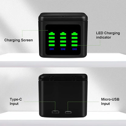Battery Charger Kits for GoPro Hero 12 11 10 9 Black, 3-Pack 2000mAh Replacement Batteries + Triple Charge Case with Type-C Charging Cord for Go Pro 12 11 10 9 Official Batteries Accessories